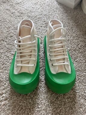 White Canvas Sneakers with Bright Green Rubber Platform